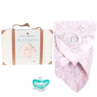 Zalamoon Luxie Pockets Blanket with Jollypop Pacifier, Baby Toddler Soft Plush Blanket with Pocket/Strap Holder, Blush