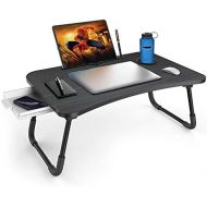 [아마존베스트]Zapuno Foldable Laptop Bed Table Multi-Function Lap Bed Tray Table with Storage Drawer and Water Bottle Holder, Serving Tray Dining Table with Slot for Eating, Working on Bed/Couch