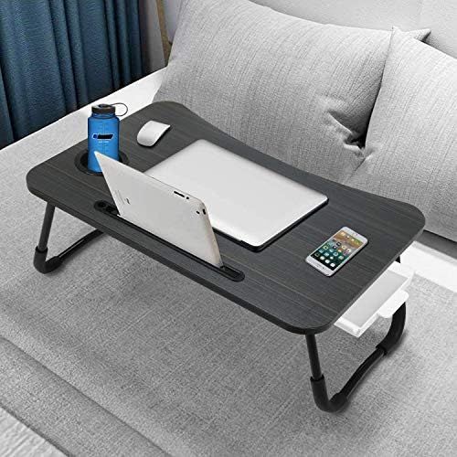  [아마존베스트]Zapuno Foldable Laptop Bed Table Multi-Function Lap Bed Tray Table with Storage Drawer and Water Bottle Holder, Serving Tray Dining Table with Slot for Eating, Working on Bed/Couch