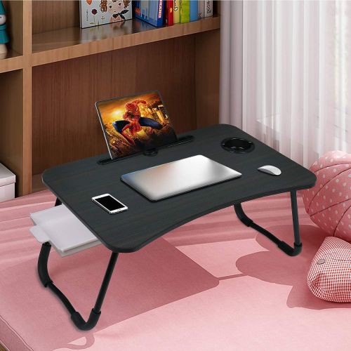  [아마존베스트]Zapuno Foldable Laptop Bed Table Multi-Function Lap Bed Tray Table with Storage Drawer and Water Bottle Holder, Serving Tray Dining Table with Slot for Eating, Working on Bed/Couch