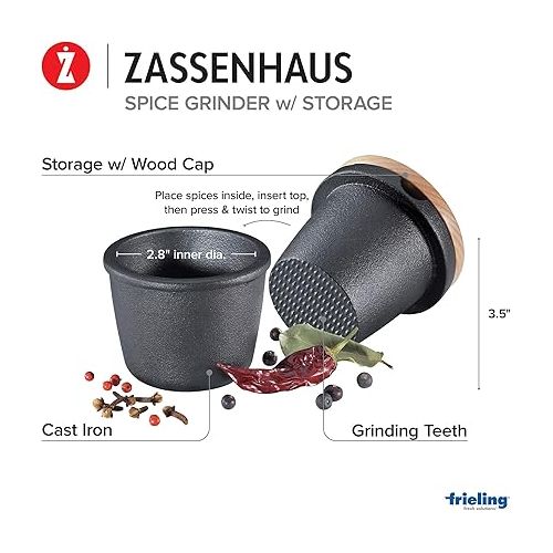  Zassenhaus Cast Iron Spice Grinder Set with Beech Wood Lid, Spice Mill, Herb and Seed Grinder, 3 Inches (Black)