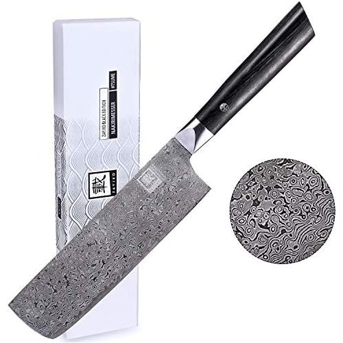  [아마존베스트]Zayiko Damask Knife Nakiri Knife 18.5 cm Long Japanese Black Damascus Steel VG-10 High Quality Damask Kitchen Knife with Pakka Wood Handle Black Edition #TSUME