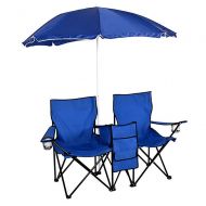Zazza95shop Picnic Camping Beach Pool Outdoor Garden Portable 2 Blue Seat Folding Durable Chair Set Removable Umbrella Fishing Sunbath Patio Yard Table Cooler Premium Steel Tube Oxford Materia