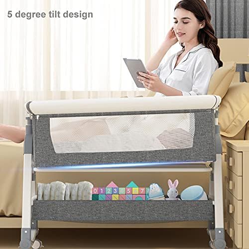  Zdolmy Baby Bedside Bassinet Sleeper, Portable Crib for Baby with Storage Basket and Wheels, Adjustable Height Easy Folding Bed Side Co Sleeper, Grey