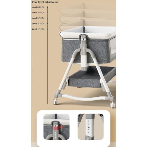  Zdolmy Baby Bedside Bassinet Sleeper, Portable Crib for Baby with Storage Basket and Wheels, Adjustable Height Easy Folding Bed Side Co Sleeper, Grey