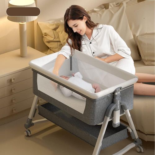  Zdolmy Baby Bedside Bassinet Sleeper, Portable Crib for Baby with Storage Basket and Wheels, Adjustable Height Easy Folding Bed Side Co Sleeper, Grey