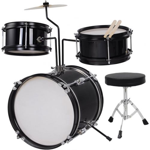  ZeHuoGe 3-Piece Drum Set Kit Junior Kid’s Children’s Size with Throne Cymbal Bass Sticks Pedal US Delivery (Black)