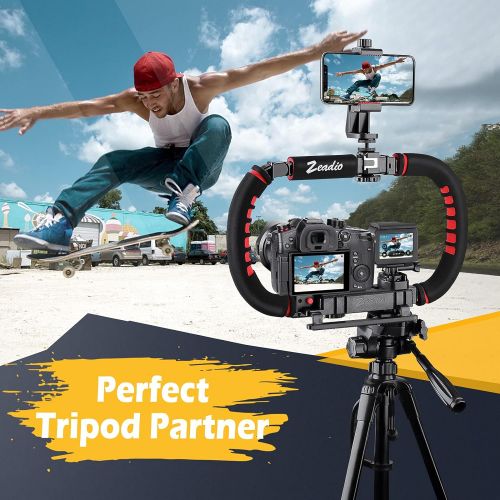  Zeadio Camera Smartphone Stabilizer, Foldable Handle Grip Handheld Video Rig with Carrying Case, Fits for All Camera, Camcorder, Action Camera, DSLR and All iPhone and Android Smar