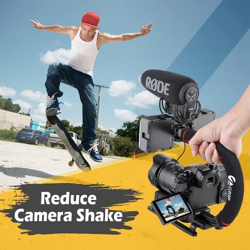  Zeadio Triple Hot-Shoe Mounts Handheld Stabilizer with Smartphone Holder Mount+360° ball head mount, Video Stabilizing Handle Grip for Canon Nikon Sony DSLR Action Camera Camcorder