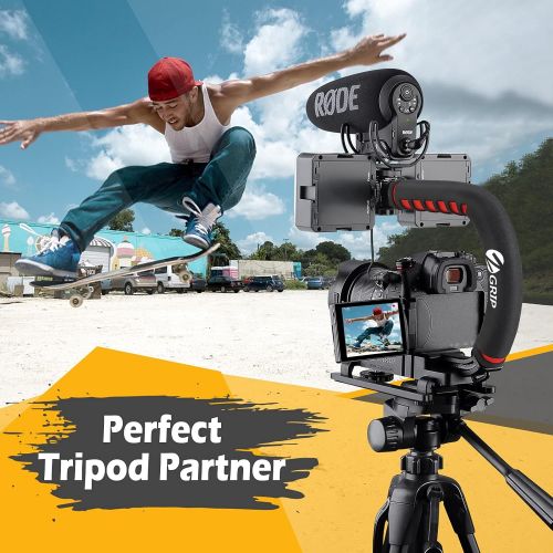  Zeadio Triple Hot-Shoe Mounts Handheld Stabilizer with Smartphone Holder Mount+360° ball head mount, Video Stabilizing Handle Grip for Canon Nikon Sony DSLR Action Camera Camcorder
