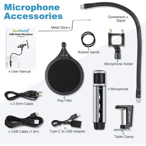  ZealSound Microphone Bundle, Condenser USB Microphone Kit for Phone PC Mac Laptop w/Gooseneck Arm Stand, Shock Mount, Pop Filter for Recording, Podcasts, Streaming, YouTube ASMR Si