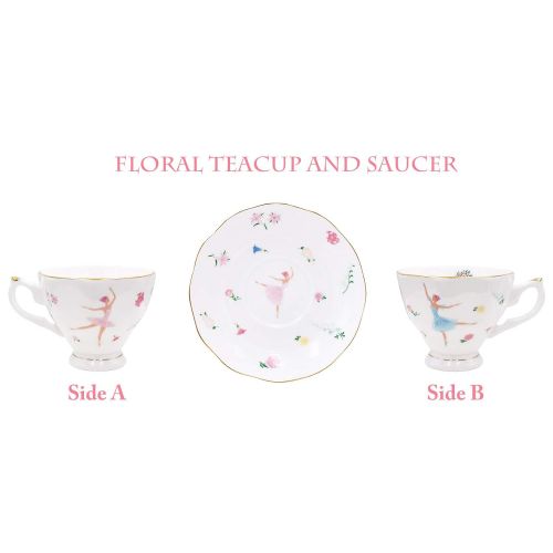  Zealax ZEALAX Floral Bone China Teacup and Saucer Set British Tea Cup Coffee Cup, Ballet Dancer Girls