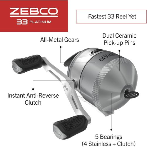  Zebco 33 Platinum Spincast Reel, 5 Ball Bearings (4 + Clutch), Instant Anti-Reverse with a Smooth Dial-Adjustable Drag, Powerful All-Metal Gears and Spooled with 10-Pound Cajun Lin
