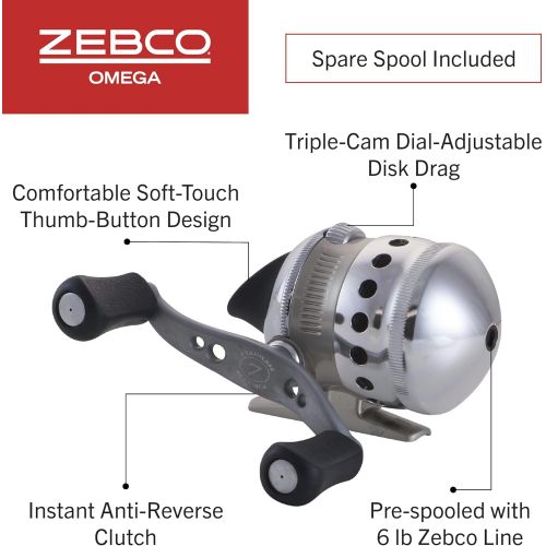  Zebco Omega Spincast Fishing Reel, 7 Bearings (6 + Clutch), Instant Anti-Reverse with a Smooth Dial-Adjustable Drag, Powerful All-Metal Gears and Spare Spool