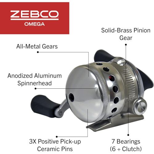  Zebco Omega Spincast Fishing Reel, 7 Bearings (6 + Clutch), Instant Anti-Reverse with a Smooth Dial-Adjustable Drag, Powerful All-Metal Gears and Spare Spool