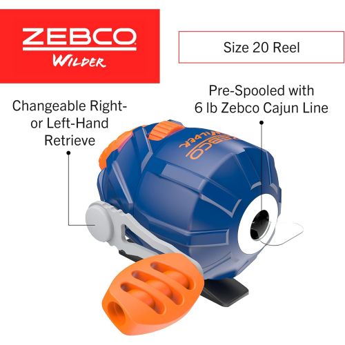  Zebco Wilder Fishing Reel and Rod Combo, 43 Durable Fiberglass Rod with Built-In Carabiner, Patented No-Tangle Reel, Pre-Spooled with 6-Pound Zebco Cajun Fishing Line, Blue/Orange