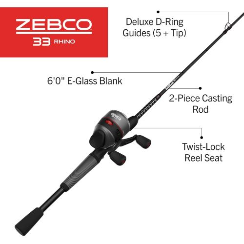  Zebco 33 Rhino Tough Spincast Reel and 2-Piece Fishing Rod Combo, Durable E-Glass Rod with ComfortGrip Handle, Quickset Anti-Reverse Fishing Reel with Bite Alert