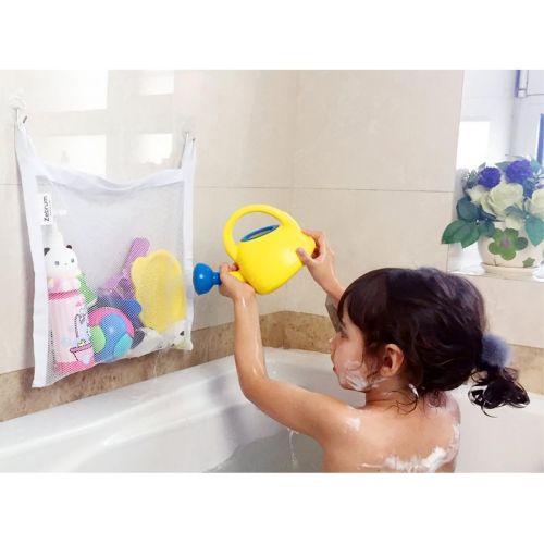  [아마존베스트]zebrum Bath Toy Organizer Set, 2 Large Strong Storage Mesh Bags, 18 x 14 Inch with 4 Strong Adhesive Hooks- Easy Storage of Bath Toys and Other Bathroom Items-White (Bath Toy Organ