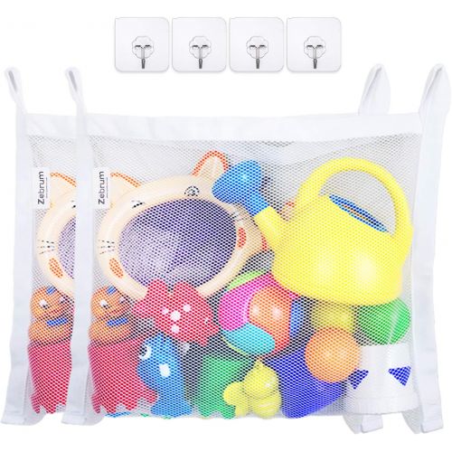  [아마존베스트]zebrum Bath Toy Organizer Set, 2 Large Strong Storage Mesh Bags, 18 x 14 Inch with 4 Strong Adhesive Hooks- Easy Storage of Bath Toys and Other Bathroom Items-White (Bath Toy Organ