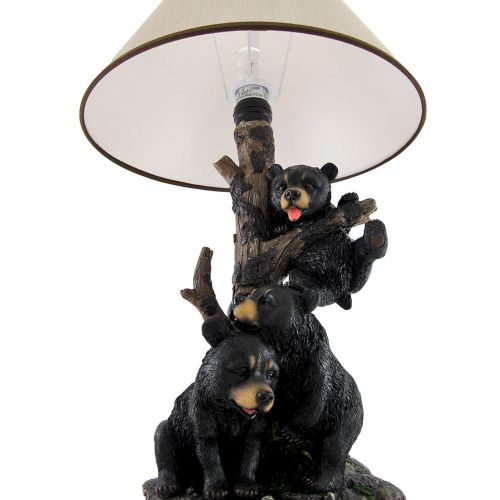  Zeckos Black Bear Family Table Lamp W Tree Bark Print Shade