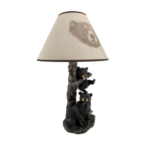  Zeckos Black Bear Family Table Lamp W Tree Bark Print Shade