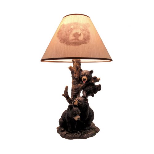  Zeckos Black Bear Family Table Lamp W Tree Bark Print Shade