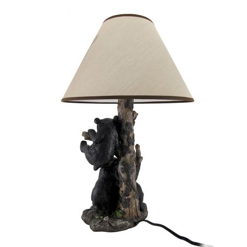  Zeckos Black Bear Family Table Lamp W Tree Bark Print Shade
