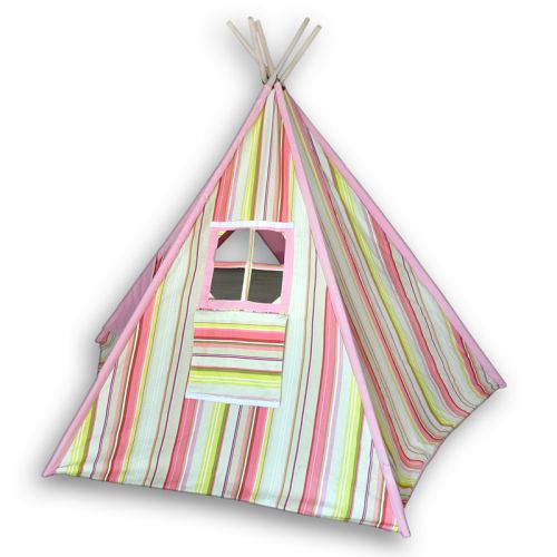  Zeckos Children`s Canvas Teepee Tent Pink and Yellow Stripes 72 In.