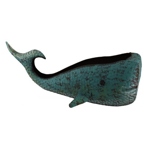  Zeckos Green Verdigris Distressed Finish Metal Whale Planter