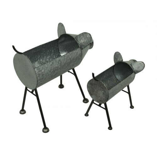  Zeckos Galvanized Metal Set of 2 Indoor/Outdoor Pig Planter Sculptures