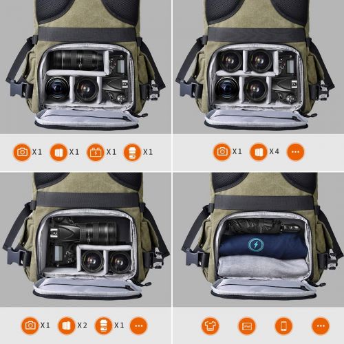  [아마존베스트]Zecti Camera Backpack Waterproof Canvas DSLR Camera Bag (New Version) For 1 DSLR 4xLens, Laptop and Other Digital Camera Accessories with Rain Cover-Green