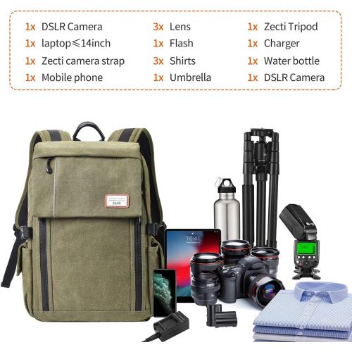  [아마존베스트]Zecti Camera Backpack Waterproof Canvas DSLR Camera Bag (New Version) For 1 DSLR 4xLens, Laptop and Other Digital Camera Accessories with Rain Cover-Green