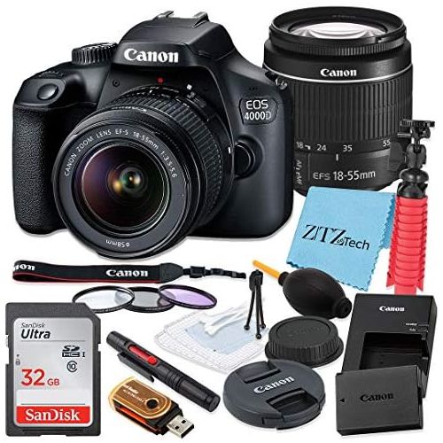  Canon EOS 4000D / Rebel T100 DSLR Camera 18-55mm f/3.5-5.6 Zoom Lens, SanDisk 32GB Memory Card, Tripod, 3 Pieces Filter (UV, CPL, FLD), ZeeTech Accessory Bundle