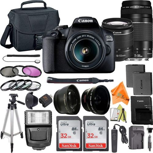  Canon EOS 2000D / Rebel T7 Digital SLR Camera 24.1MP with 18-55mm + 75-300mm Lens, ZeeTech Accessory Bundle, 2 Pack SanDisk 32GB Memory Card, Telephoto + Wideangle Lenses, Flash, C