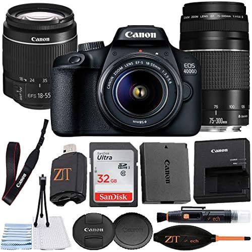  Canon EOS 4000D / Rebel T100 DSLR Camera 18-55mm & 75-300mm Dual Lens + ZeeTech Accessory Bundle with SanDisk 32GB Memory Card and Cleaning Starter Kit, High Speed Memory Card Read