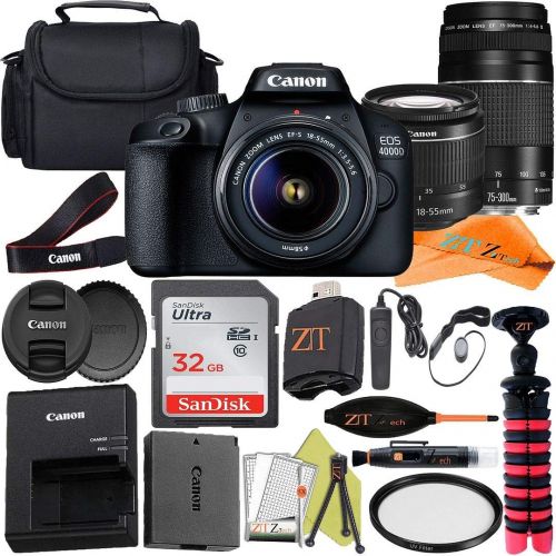  Canon EOS 4000D (Rebel T100) DSLR Camera 18-55mm & 75-300mm Dual Lens + ZeeTech Accessory Bundle with SanDisk 32GB Memory Card, Bag, Tripod and UV Filter