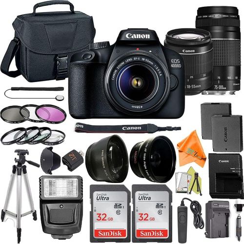  Canon EOS 4000D / Rebel T100 DSLR Camera 18-55mm & 75-300mm Lens + ZeeTech Accessory Bundle with 2 Pack SanDisk 32GB Memory Card, Case, Tripod and Telephoto & Wideangle Lenses Kit