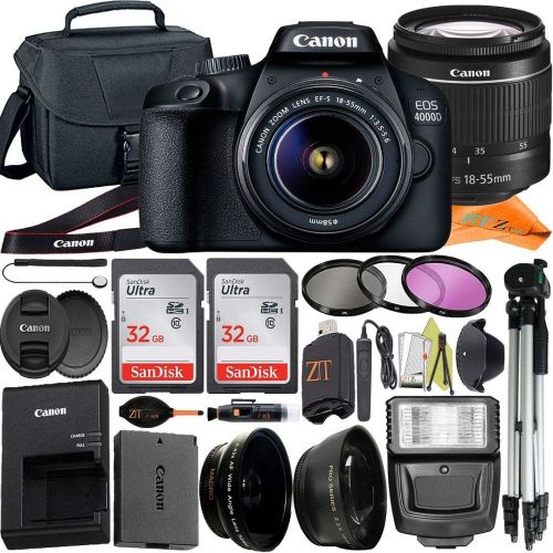  Canon EOS 4000D / Rebel T100 DSLR Camera 18-55mm Zoom Lens + ZeeTech Accessory Bundle with 2 Pack SanDisk 32GB Memory Card, Bag Case, Tripod and Slave Flash Light