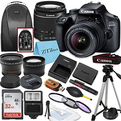  Canon EOS 4000D / Rebel T100 DSLR Camera with EF-S 18-55mm Lens, 32GB SanDisk Memory Card, Tripod, Flash, Backpack and ZeeTech Accessory Bundle