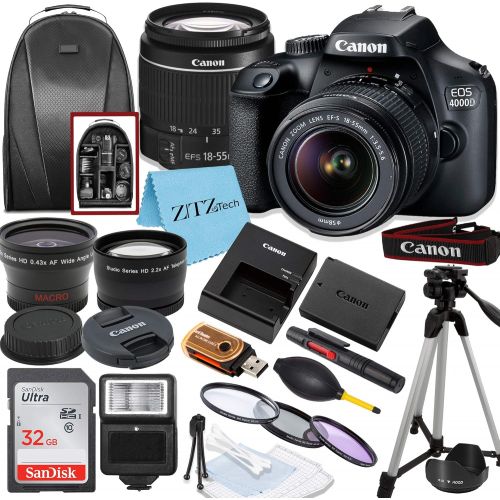  Canon EOS 4000D / Rebel T100 DSLR Camera with EF-S 18-55mm Lens, 32GB SanDisk Memory Card, Tripod, Flash, Backpack and ZeeTech Accessory Bundle