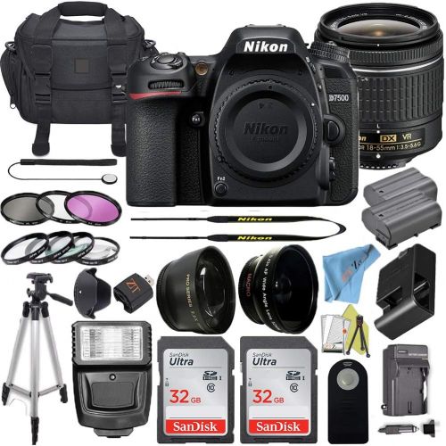  ZeeTech Nikon D7500 Digital SLR Camera, DX-Format, 20.9 Megapixel w/ 18-55mm Lens + 2 Pcs Sandisk 32GB Memory Card + Digital Flash + Camera Bag + Filter Kit + Accessory Bundle (Black)