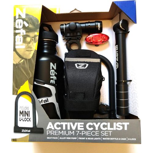  Zefal Active Cyclist Premium 7-Piece Set Seat Pack, Alloy Mini Pump, Front & Rear Lights, Water Bottle & Cage with Mini U-Lock