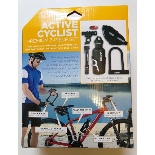  Zefal Active Cyclist Premium 7-Piece Set Seat Pack, Alloy Mini Pump, Front & Rear Lights, Water Bottle & Cage with Mini U-Lock