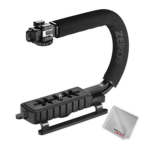  Zeikos Video Action Stabilizing Handle Grip Handheld Stabilizer with Shoe Mount and C Shape Rig Low Position Shooting System for DSLR, GoPro, Smartphones + Free MiracleFiber Microf