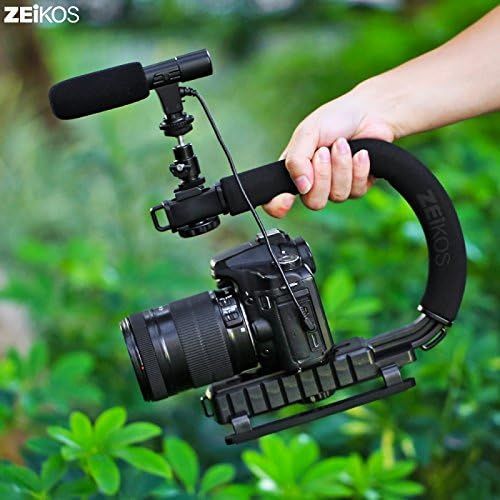  Zeikos Video Action Stabilizing Handle Grip Handheld Stabilizer with Shoe Mount and C Shape Rig Low Position Shooting System for DSLR, GoPro, Smartphones + Free MiracleFiber Microf