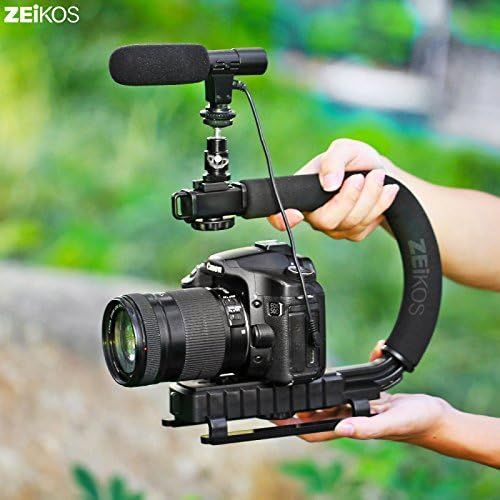  Zeikos Video Action Stabilizing Handle Grip Handheld Stabilizer with Shoe Mount and C Shape Rig Low Position Shooting System for DSLR, GoPro, Smartphones + Free MiracleFiber Microf