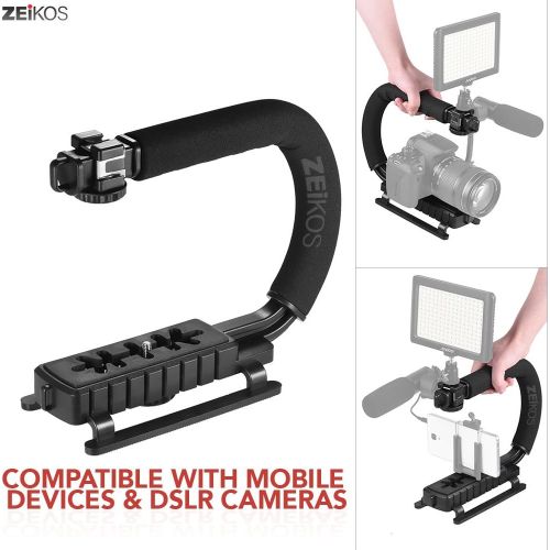  Zeikos Video Action Stabilizing Handle Grip Handheld Stabilizer with Shoe Mount and C Shape Rig Low Position Shooting System for DSLR, GoPro, Smartphones + Free MiracleFiber Microf