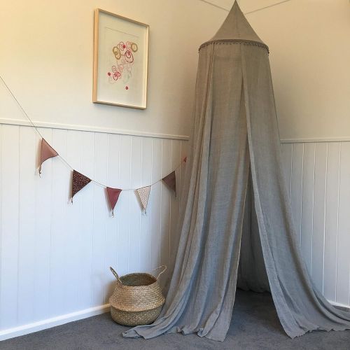  [아마존베스트]Zeke and Zoey Hanging Grey Bed Canopy with Pom Poms, Drapes -Hideaway Tent Canopies for Girls, Boys, Kids Rooms, Beds or Cribs. Nursery Decoration- Sheer, Flowing -Child, Play, Rea