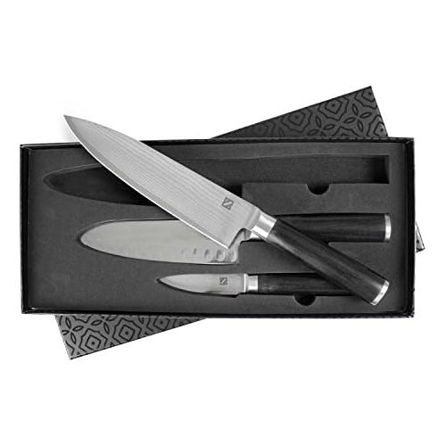  Zelancio Cutlery Premium Japanese VG-10 Damascus Steel Knives - 3PC Professional Chef Knife Set, 67 Layers of Folded Damascus Steel, High Carbon Steel Center, Razor Sharp, Chef Qua