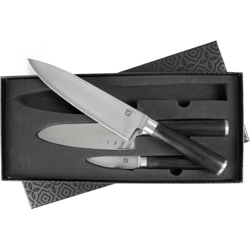  Zelancio Cutlery Premium Japanese VG-10 Damascus Steel Knives - 3PC Professional Chef Knife Set, 67 Layers of Folded Damascus Steel, High Carbon Steel Center, Razor Sharp, Chef Qua